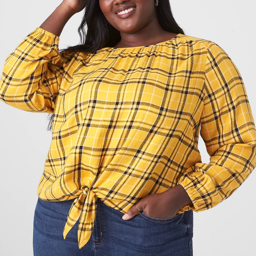 Lane Bryant - Classic Crew-Neck Tie-Hem Popover Yellow Plaid Blouse - 18 / 2X